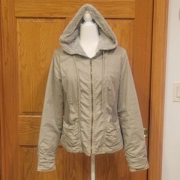 XCVI Light Green Khaki 100% Cotton Ruched Plush Fleece Lined Hooded Jacket Sz L - Picture 8 of 16